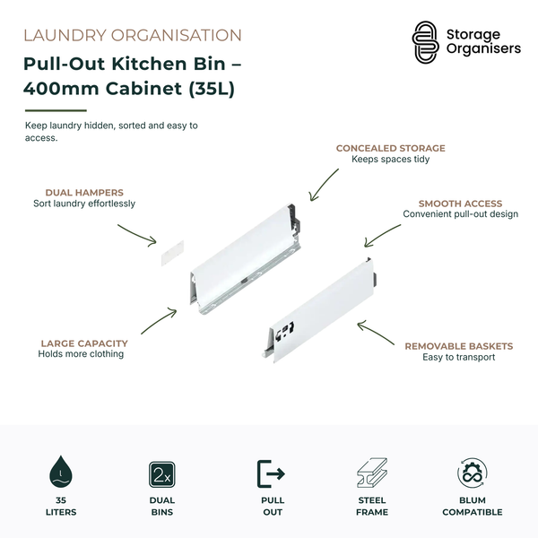 35L pull-out laundry hamper for 400mm cabinets, designed to keep laundry hidden, organised, and easy to access. Features a concealed storage design to maintain tidy laundry spaces, smooth pull-out operation for convenience, removable basket for easy transport of clothing, and a durable steel frame for long-lasting performance. Ideal for storing dirty laundry, maximising space, and creating a clean, organised laundry room with integrated cabinet storage.