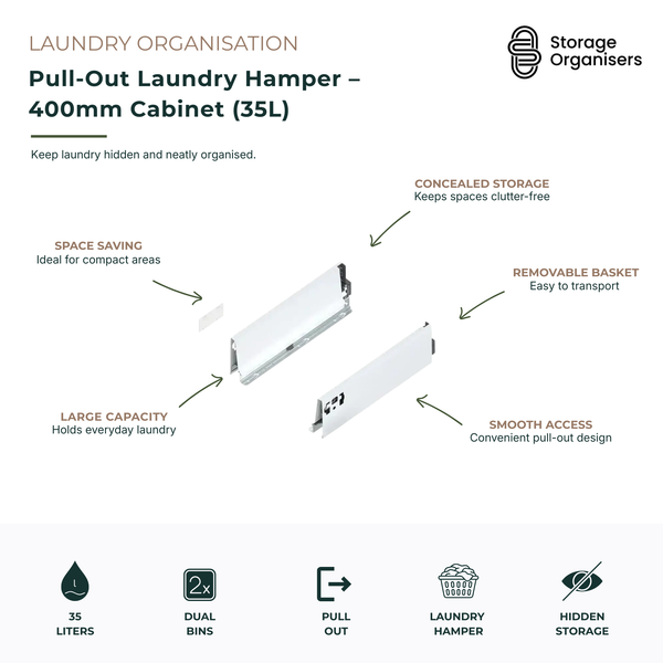 35L pull-out laundry hamper designed for 400mm cabinets, providing concealed laundry storage and easy access to everyday washing. Features a space-saving design for compact laundry areas, smooth pull-out operation, removable basket for convenient transport, and hidden cabinet storage to maintain a clean and clutter-free laundry room. Ideal for storing dirty clothes, maximising laundry organisation, and creating a streamlined built-in storage solution.
