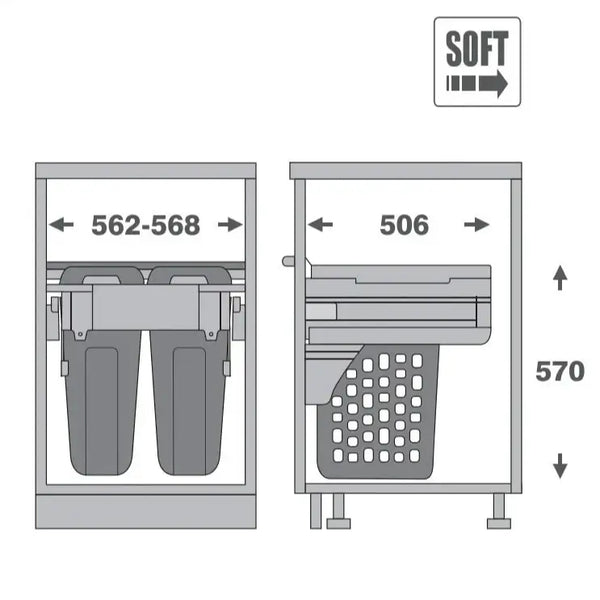 Diagram of Hamper Laundry Pull-Out – 600mm Cabinet (2 × 35L) for under sink storage in kitchen organisation setup.