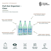 Clear pull-out organiser with integrated handles and transparent PET construction, designed for deep pantry shelves, kitchen cupboards, refrigerators, and under-sink storage. Easy-glide storage bin provides quick access to bottles, containers, and household essentials while maximising organisation in hard-to-reach spaces.
