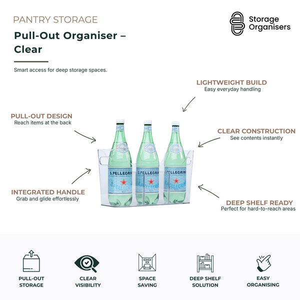 Clear pull-out organiser with integrated handles and transparent PET construction, designed for deep pantry shelves, kitchen cupboards, refrigerators, and under-sink storage. Easy-glide storage bin provides quick access to bottles, containers, and household essentials while maximising organisation in hard-to-reach spaces.