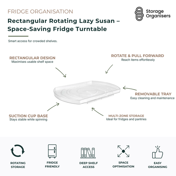 Rectangular rotating lazy Susan turntable for fridge and pantry organisation. Space-saving refrigerator organiser features a rotating and pull-forward design, removable tray, and suction cup base for stable access to condiments, sauces, jars, beverages, snacks, and pantry essentials. Clear fridge-friendly storage solution designed to maximise deep shelf space and improve visibility of stored items in refrigerators, cupboards, and pantries.