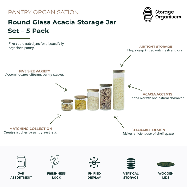 Set of five round glass pantry storage jars with natural acacia wood lids in assorted sizes, designed for organised food storage and pantry styling. Airtight glass containers keep rice, pasta, grains, oats, beans and dry ingredients fresh while providing clear visibility of contents. Coordinated stackable storage jars maximise shelf space, create a cohesive pantry aesthetic and combine durable glass construction with warm natural timber accents for modern kitchen organisation.