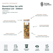 Large 2100ml round glass storage jar with natural bamboo lid and airtight silicone seal, designed for pantry organisation and bulk dry food storage. Clear glass container provides instant visibility of contents and a stackable design, making it ideal for storing pasta, rice, cereal, flour, grains, snacks, coffee, and other pantry essentials while keeping food fresh for longer.