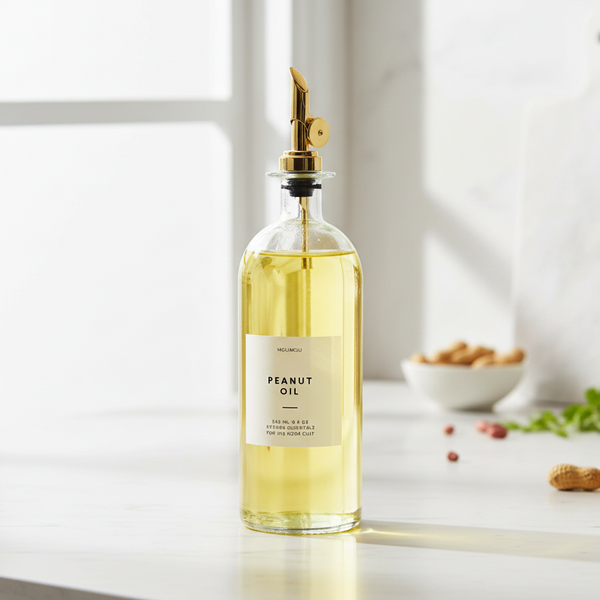 Glass peanut oil dispenser with gold spout, ideal for stylish kitchen storage and home organization, 500ml.