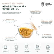 round tilt glass jar with bamboo lid 4L airtight pantry storage container for cereal, snacks, and dry food organisation