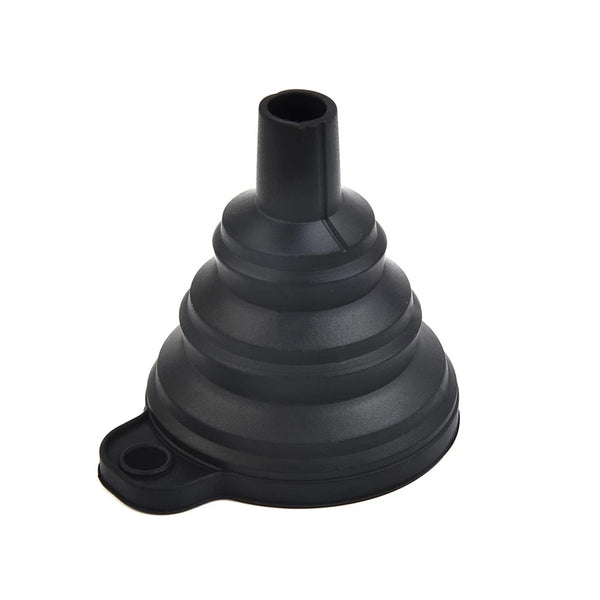 Black Foldable Silicone Funnel for Jars & Liquids, ideal for kitchen organisation, perfect for pantry and under sink storage.