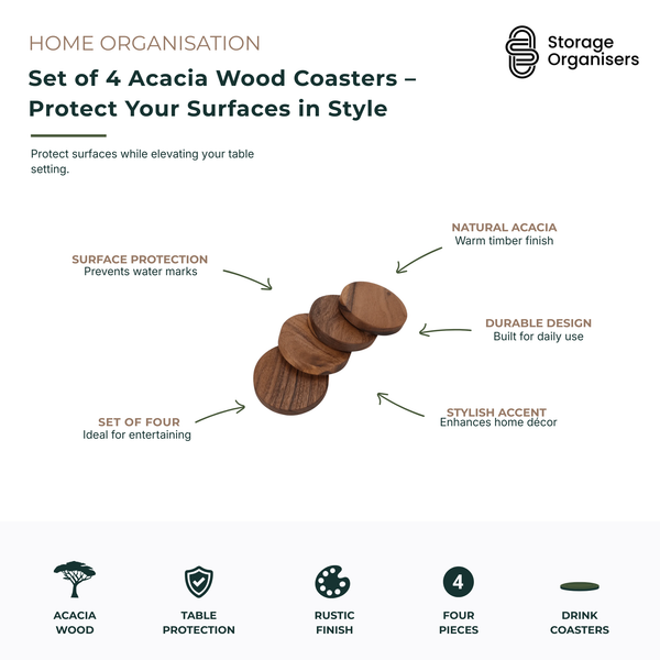 Set of 4 acacia wood drink coasters designed to protect tables, benchtops and furniture from water marks, condensation and heat damage. Crafted from durable natural acacia wood with a warm timber finish, these stylish coasters add a rustic touch to dining tables, coffee tables and entertaining spaces. Ideal for hot and cold beverages, they help preserve surfaces while complementing modern, farmhouse and natural home décor styles. Perfect for everyday use, entertaining guests and creating a coordinated table