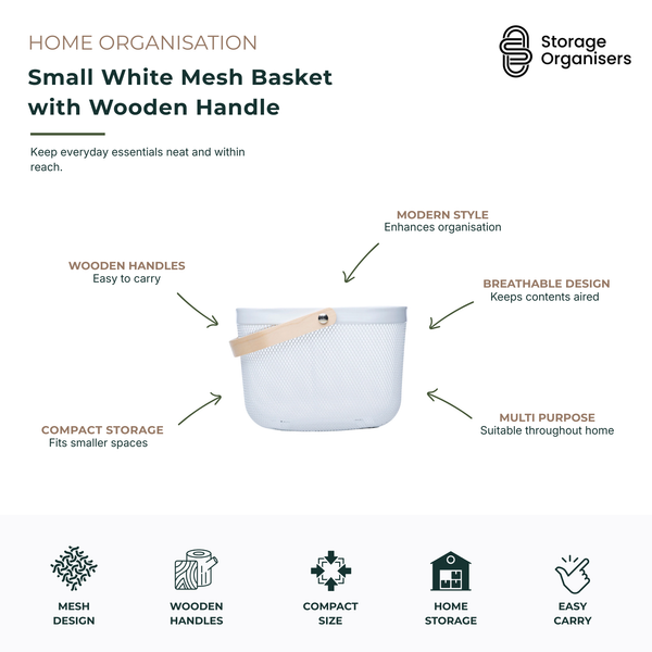 Small white mesh storage basket with natural wooden handle, designed to keep everyday essentials organised and within easy reach. Features a breathable mesh design for improved airflow, sturdy wooden handles for comfortable carrying, compact size for smaller spaces, and a modern minimalist style that complements any home décor. Ideal for organising toiletries, pantry items, cleaning supplies, craft materials, office accessories, and household essentials throughout the home.