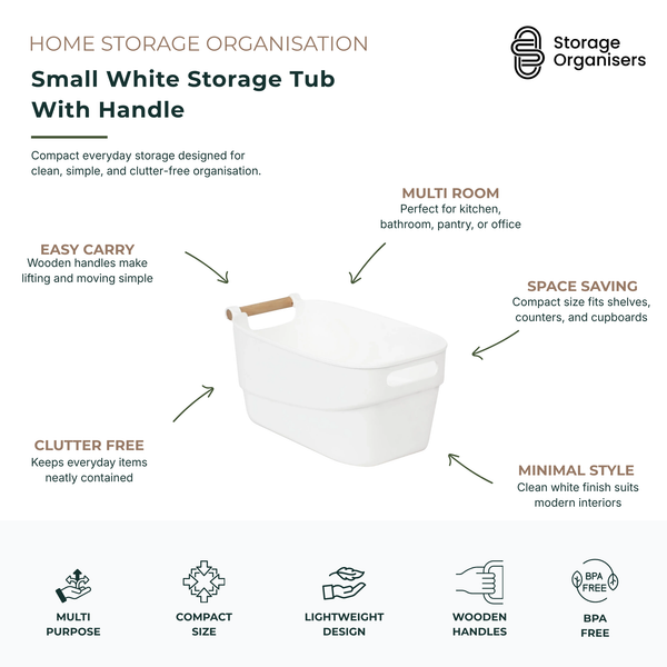 small white storage tub with wooden handle for kitchen, bathroom, pantry, office, and home organisation
