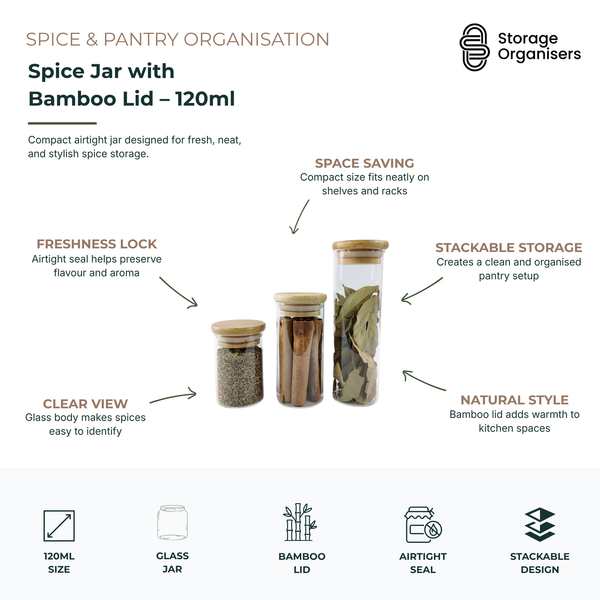 120ml spice jar with bamboo lid and airtight seal for herbs, spices, and modern pantry organisation