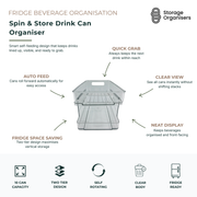 spin and store drink can organiser with self-feeding design for fridge beverage storage and easy-access can organisation