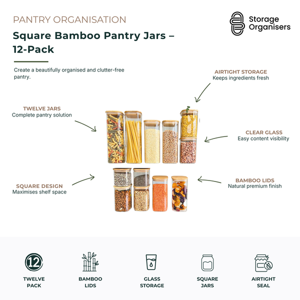 Square bamboo pantry jar set featuring 12 clear glass storage containers with natural bamboo lids for organised kitchen and pantry storage. The airtight seal helps keep ingredients fresh, while the square design maximises shelf space and creates a neat, uniform pantry display. Ideal for storing pasta, rice, grains, lentils, nuts, seeds, dried fruit, baking ingredients, and other pantry essentials. Clear glass construction provides easy content visibility, making everyday meal preparation and pantry organisa