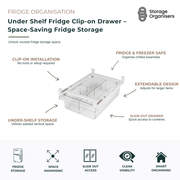 Under shelf fridge clip-on drawer for space-saving refrigerator organisation. Adjustable slide-out storage drawer clips securely beneath fridge shelves to maximise unused vertical space and provide easy access to fruits, vegetables, snacks, deli items, and chilled essentials. Clear expandable design suitable for refrigerators and freezers, creating additional storage without tools or permanent installation.