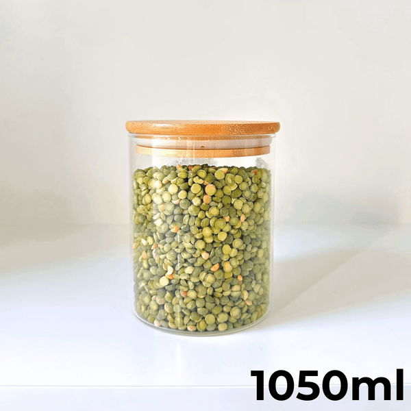 Round bamboo lid glass storage jar 1050ml for pantry or fridge organization.