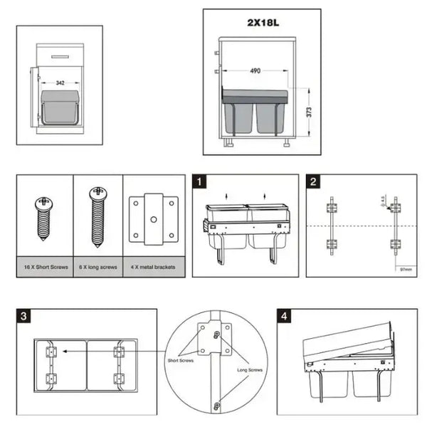 Installation instructions for 36L hand-pull waste bin with dual 18L compartments, ideal for kitchen storage.
