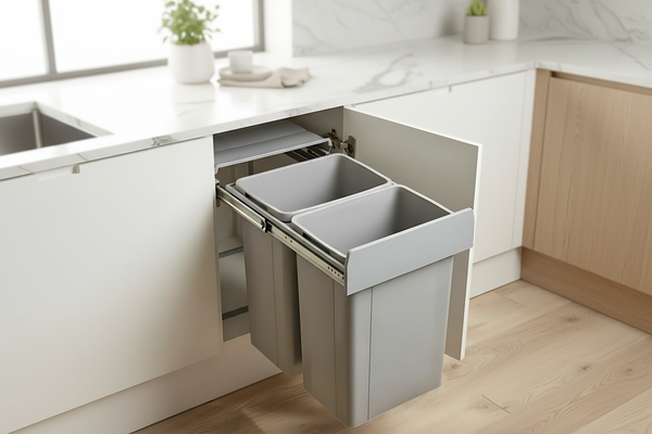 Waste Bin 36L with Runners for 400mm Cabinet in a kitchen setup, ideal for under sink storage and kitchen organisation.