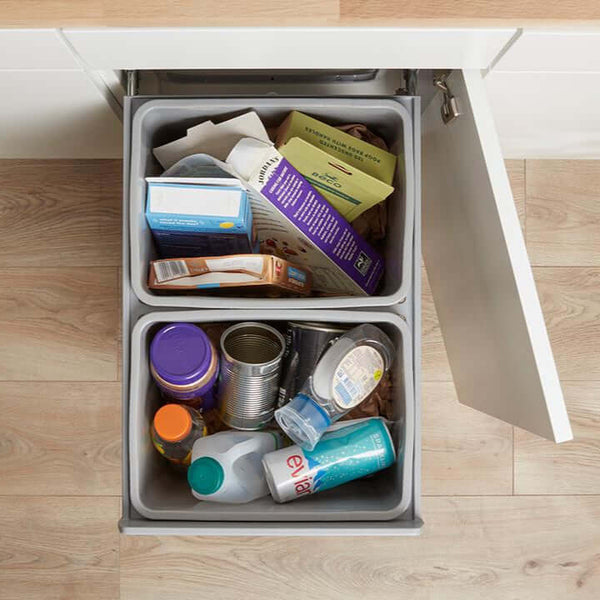 Hand pull waste bin with dual 18L containers for efficient kitchen storage.