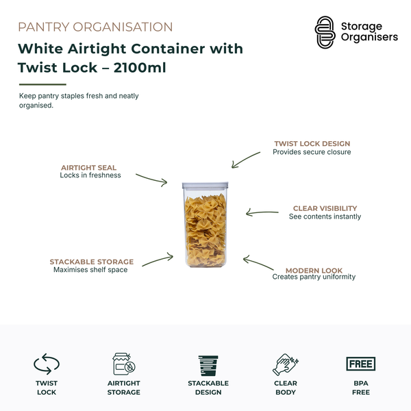 White airtight food storage container with twist lock lid, 2100ml capacity, designed to keep pantry staples fresh, visible and neatly organised. Features a secure airtight seal, clear body for easy content identification and stackable design to maximise shelf space. Ideal for storing pasta, rice, cereal, flour, grains and dry goods while maintaining freshness and reducing pantry clutter. BPA-free construction and modern minimalist styling make it perfect for organised kitchen pantries, cupboards and counter