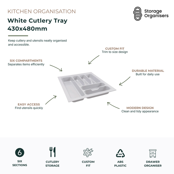 White cutlery tray drawer organiser measuring 430x480mm, featuring six compartments for neatly storing cutlery, utensils, kitchen tools, and everyday dining essentials. Made from durable ABS plastic with a trim-to-fit design for customised drawer installation. The compartment layout keeps forks, knives, spoons, and kitchen accessories organised, easily accessible, and separated for efficient kitchen storage. Modern white finish creates a clean, tidy, and organised drawer system for homes and kitchens.