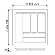 Diagram showing dimensions of White Cutlery Tray 430x480mm, a storage organiser for kitchen drawers to enhance organisation.