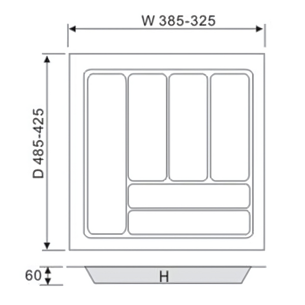 Illustration of a white cutlery tray measuring 430x480mm, ideal for kitchen organisation, offering stylish storage solutions.