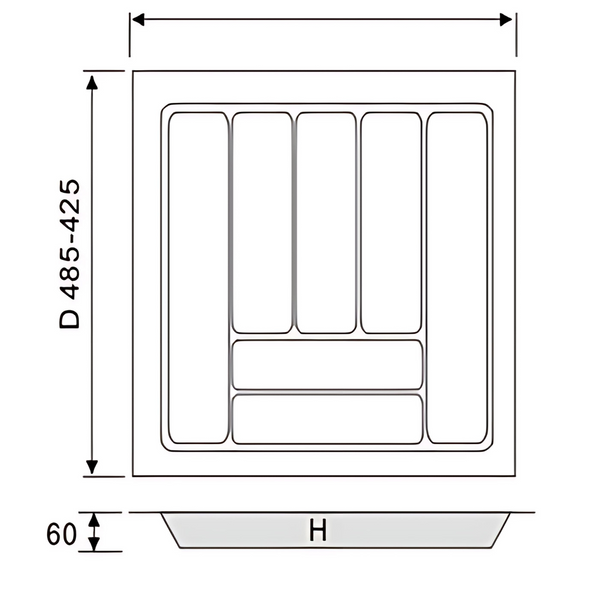 Diagram of White Cutlery Tray 530x480mm for kitchen organization, showcasing compartments for utensils and space-saving design.