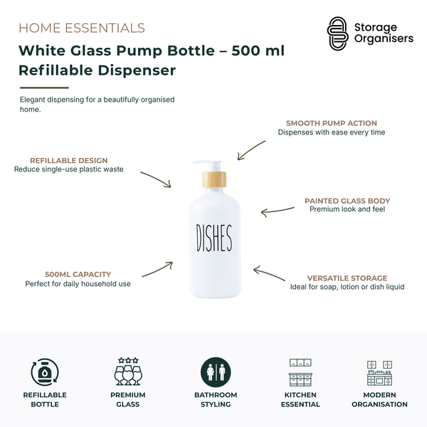 500ml white glass pump bottle with refillable dispenser and bamboo-look collar, ideal for hand soap, lotion, sanitiser, shampoo, conditioner, or dishwashing liquid. Elegant painted glass soap dispenser for bathroom and kitchen organisation, featuring a smooth pump action and reusable eco-friendly design for modern homes.