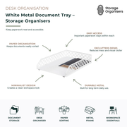White metal document tray organiser designed for sorting paperwork, files, folders, letters, and office documents. Featuring a durable metal frame with an open-access design, this desk organiser helps reduce clutter while keeping important paperwork neatly stored and within easy reach. Ideal for home offices, workstations, study areas, and professional office environments seeking a clean, minimalist workspace.