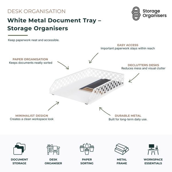 White metal document tray organiser designed for sorting paperwork, files, folders, letters, and office documents. Featuring a durable metal frame with an open-access design, this desk organiser helps reduce clutter while keeping important paperwork neatly stored and within easy reach. Ideal for home offices, workstations, study areas, and professional office environments seeking a clean, minimalist workspace.