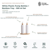 White plastic pump bottles with bamboo tray 500ml set designed to create a clean, organised and stylish bathroom or kitchen sink area. Featuring two refillable dispenser bottles with smooth pump tops and a coordinating bamboo tray, this set helps reduce clutter while keeping hand soap, dishwashing liquid, lotion, shampoo or conditioner neatly stored and easily accessible. The durable bottles support everyday use, while the modern white finish and natural bamboo accents complement a wide range of home décor