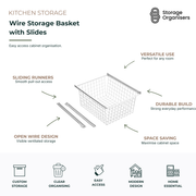 White wire storage basket with sliding runners for pull-out cabinet organisation, featuring durable metal construction, ventilated open-wire design, and space-saving storage for kitchens, pantries, laundries, and wardrobes.