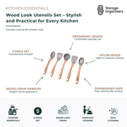Wood look utensils set featuring five essential kitchen tools with ergonomic wood-grain handles and durable nylon heads. This 5-piece cooking utensil set includes a spoon, slotted turner, ladle, spatula, and slotted spoon, designed to be safe for non-stick cookware. Dishwasher-safe and comfortable to use, this stylish utensil collection combines the appearance of natural wood with the practicality of modern kitchen tools for everyday cooking and food preparation.