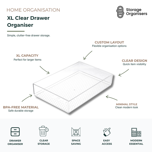 XL clear drawer organiser tray for home and kitchen storage with BPA-free transparent design and flexible drawer organisation layout