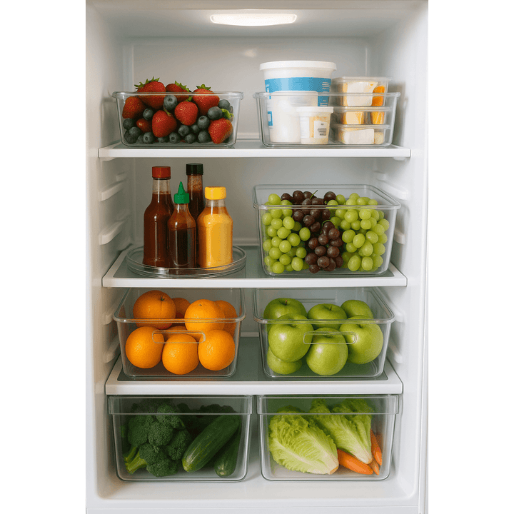Organised fridge with fresh fruits and vegetables in clear storage containers