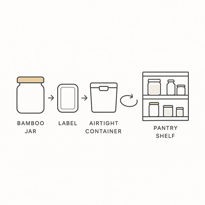 A diagram showing bamboo jar, label, airtight container, and pantry shelf, illustrating 10 Pantry Storage Hacks for Busy Aussie Families.