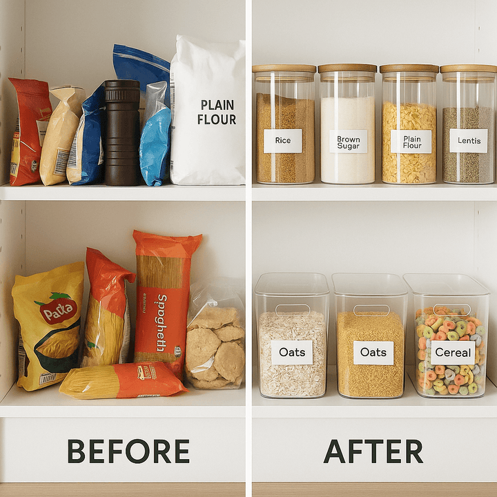 Before and after pantry makeover with organised labelled containers.