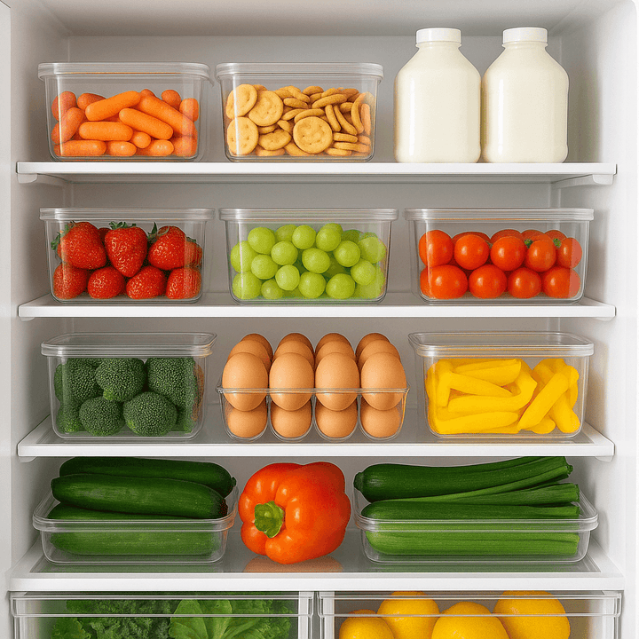 Organised fridge with clear containers, fruits, vegetables, showcasing home storage solutions.