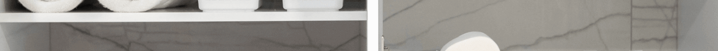 Bathroom shelves with organised storage baskets, towels, jars, and cleaning supplies. Home organisation.