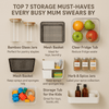 Top 7 storage must-haves for busy mums, featuring jars, baskets, and spice organisers.