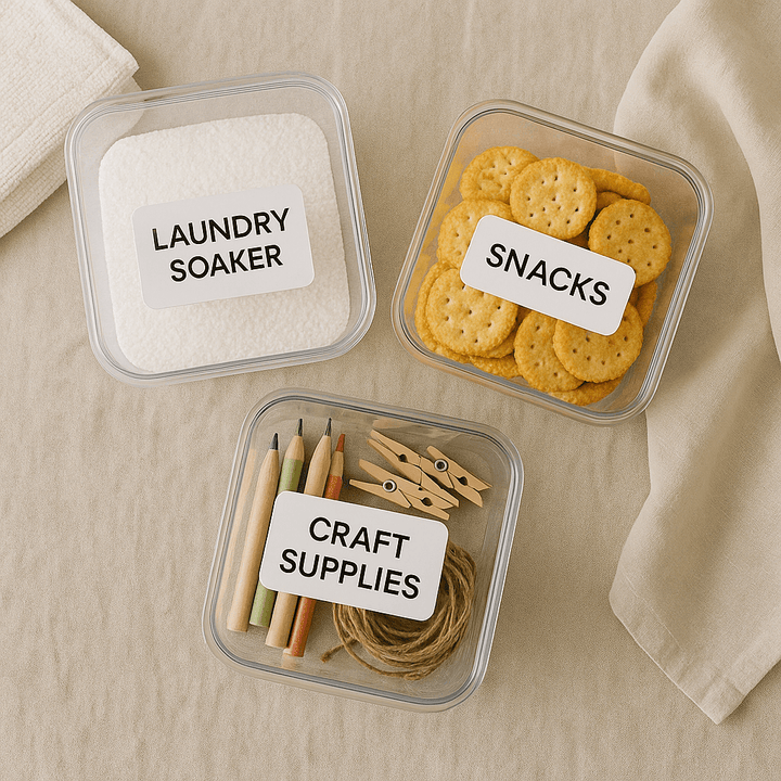 Labeled storage containers for home organization: laundry soaker, snacks, craft supplies.