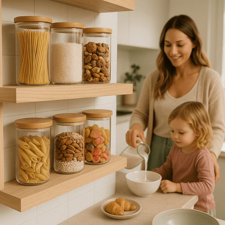 Alt Tag: Mother and child in kitchen with bamboo jars for pantry storage.