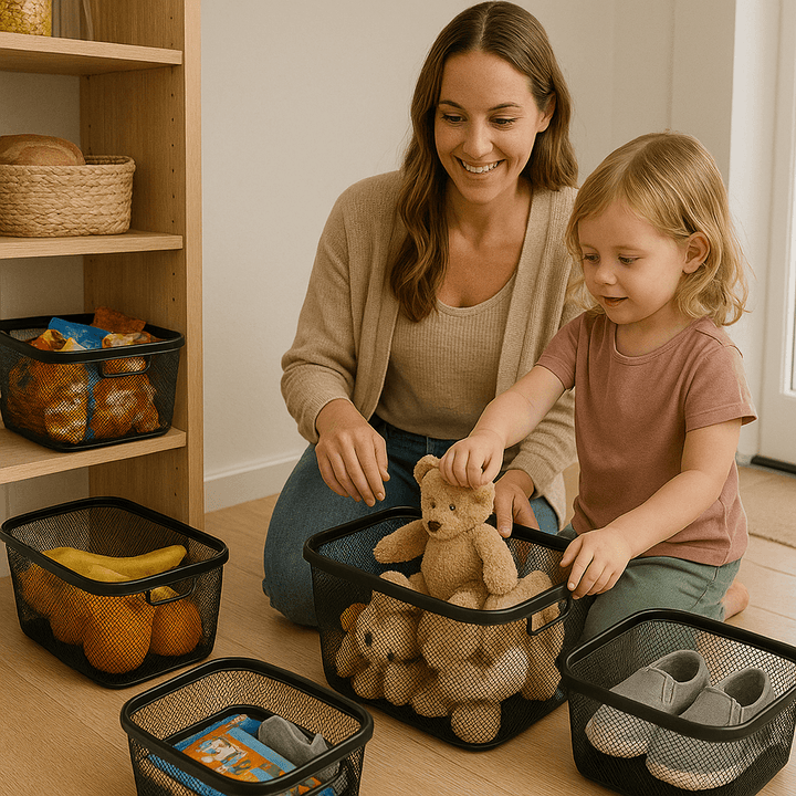 Mother and child organizing toys and snacks with mesh baskets for home organisation.