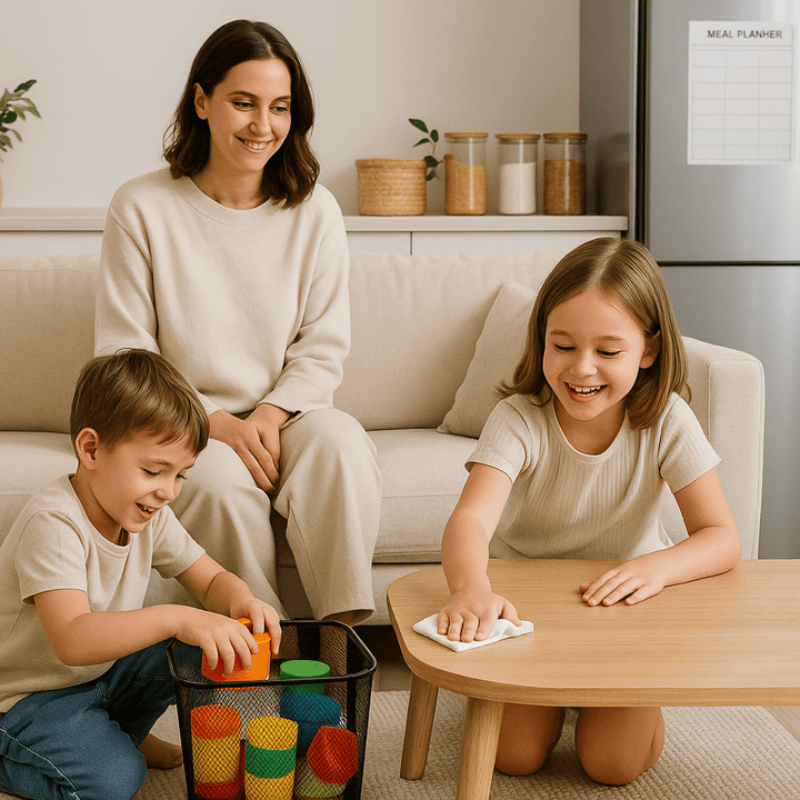 Family organizing a living room with home storage solutions.