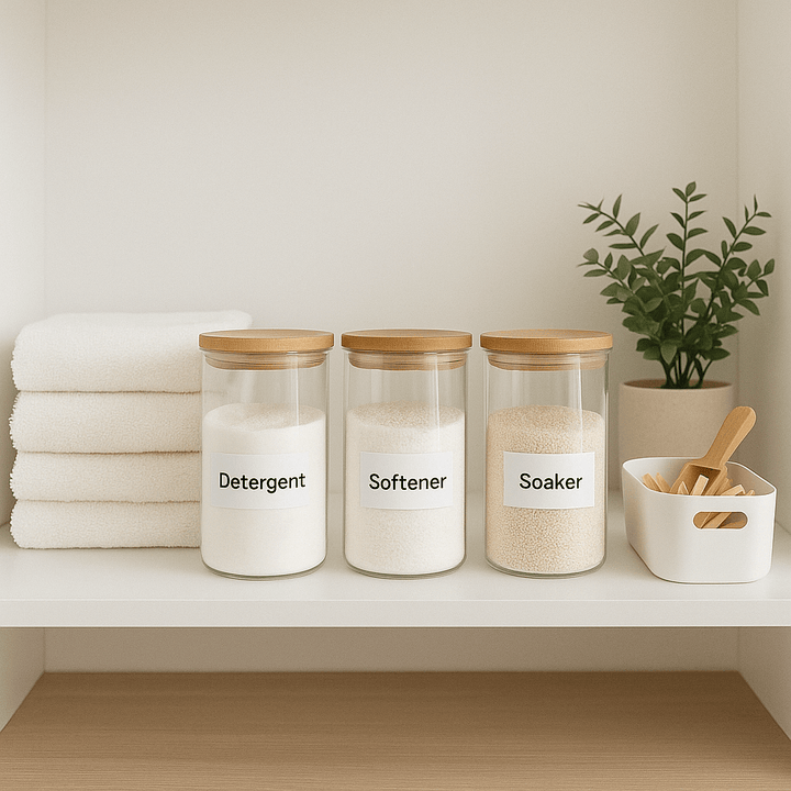 Laundry room shelf with labeled storage jars and neatly stacked towels