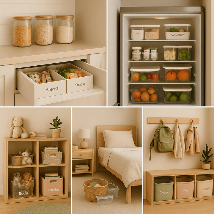 Home organisation ideas with pantry storage, fridge organisers, and children's toy bins