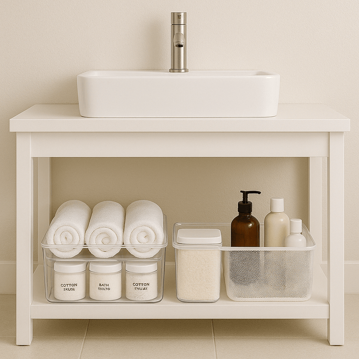 White bathroom vanity with organized storage baskets and toiletries