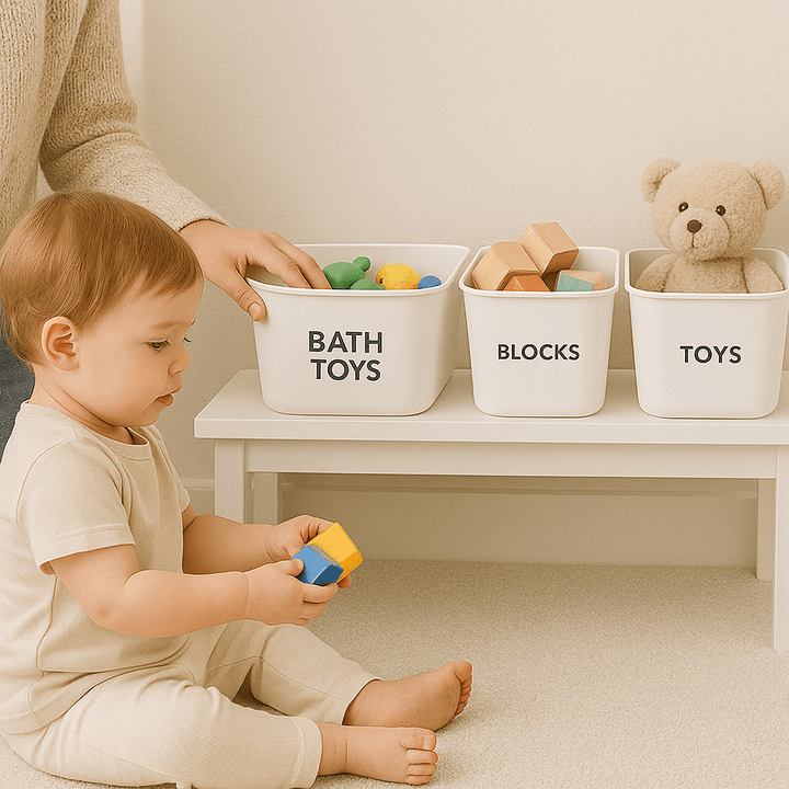 Child with labeled toy storage bins on shelf for home organisation.