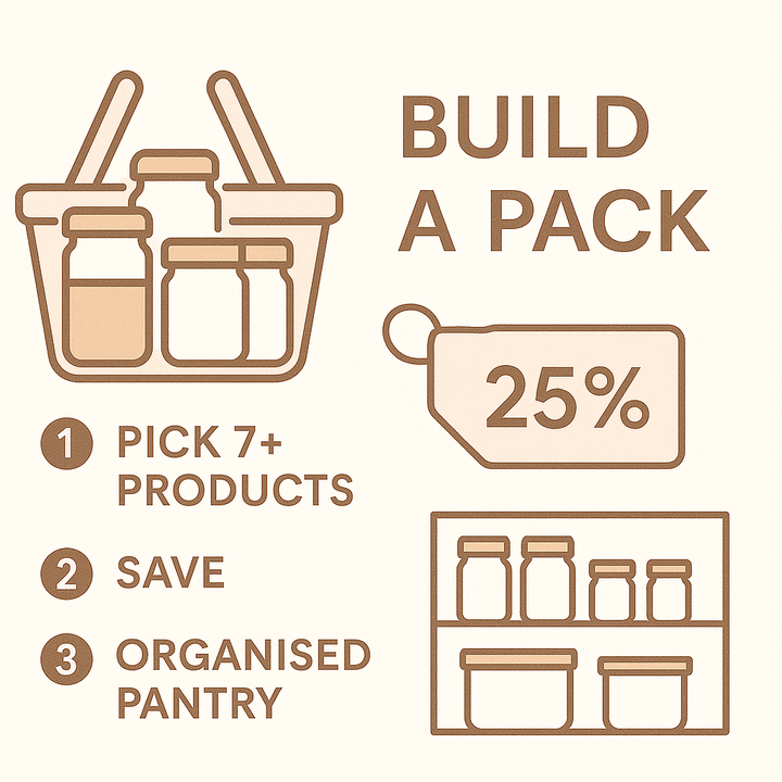 Illustration of Build Your Own Pantry Pack & Save 25% offer with jars and organisers, promoting home organisation and pantry storage in Australia.