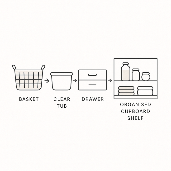 Under sink organisation ideas illustrated with baskets and storage solutions.